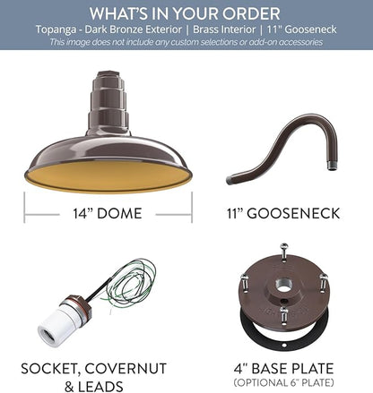 Steel Lighting Co. Topanga Barn Light | Outdoor Wall Mounted | 14 inch Dome | 11" Gooseneck | Farmhouse Garage Light Made in America | Dark Bronze Exterior/Brass Interior