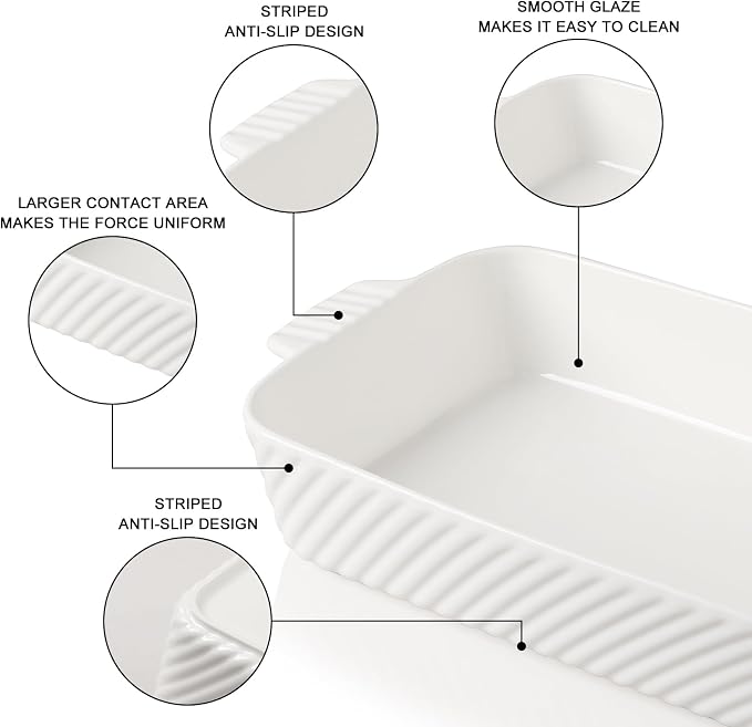 Sweejar Ceramic 13 x 9 Baking Pan, Cake Baking Dish for Brownie, Porcelain Striped Casserole Dishes for Oven with Handle for Lasagna, Family Dinner(White)