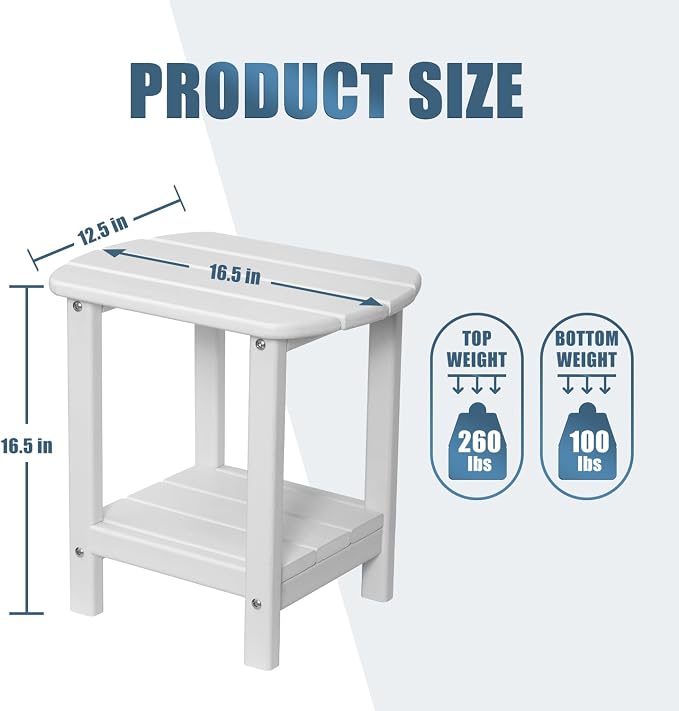 nalone Adirondack Side Table 16.5" Outdoor Side Table HDPE Plastic Double Adirondack End Table Small Table for Patio (White)