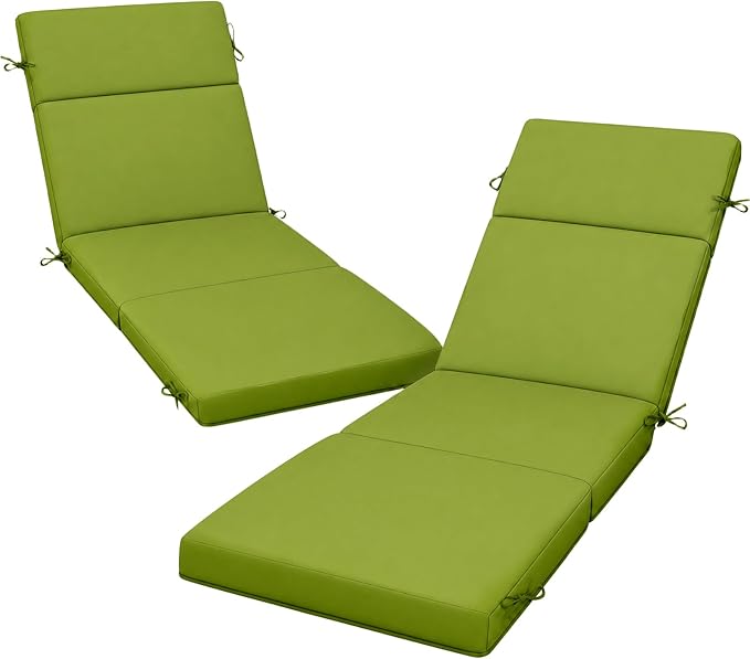 2 Pcs Outdoor Chaise Lounge Cushion 72" x 21" x 3", 4-Section Folding Patio Lounge Chair Cushion with Ties, Waterproof & Fade Resistant Replacement Cushion for Pool, Patio, Deck (Green, 2 Pcs)