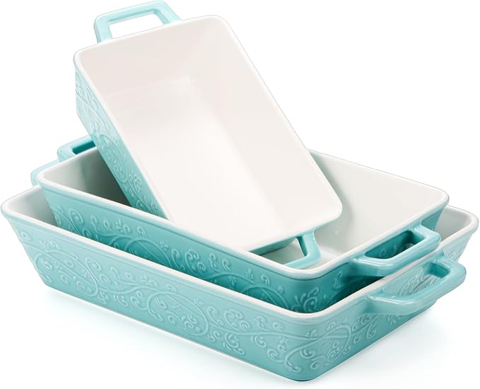Okllen Set of 3 Casserole Dishes for Oven, Ceramic Baking Dishes with Handles, Rectangular Lasagna Pan Bakeware Set for Baking Cooking, Roasting, Broiling, Gratin, Wedding & Housewarming Gift, Blue