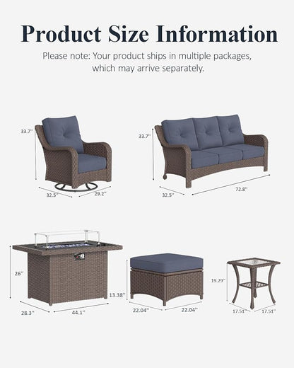 LayinSun 10 Piece Wicker Outdoor Furniture Set with 6-inch Comfy Cushions, High Back Patio Furniture Set with Swivel Rocking Chairs and Fire Pit Table
