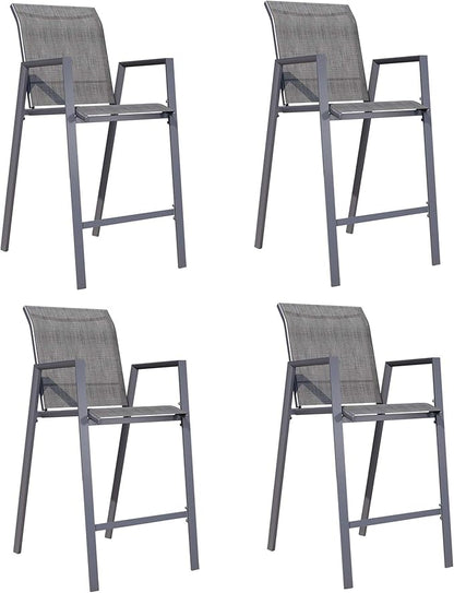 Outdoor Bar Stools Set of 4, 44'' Patio Bar Chairs with Textile High Back, Bar Height Chairs with Straight Armrest and Footrest, Grey