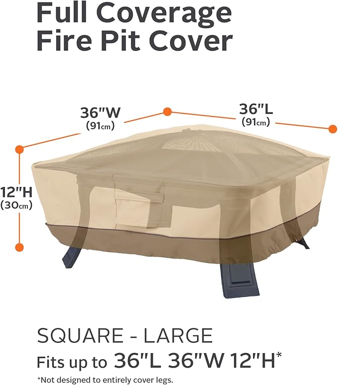 Classic Accessories Veranda Water-Resistant 36 Inch Full Coverage Square Fire Pit Cover, Patio Furniture Covers