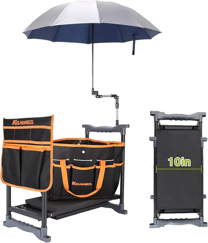 Garden Kneeler and Seat with Umbrella, 2-in-1 Foldable Gardening Stool with Adjustable Bracket, Detachable Tool Bags, Heavy Duty Kneeling Pad for Gardening (Black Orange)