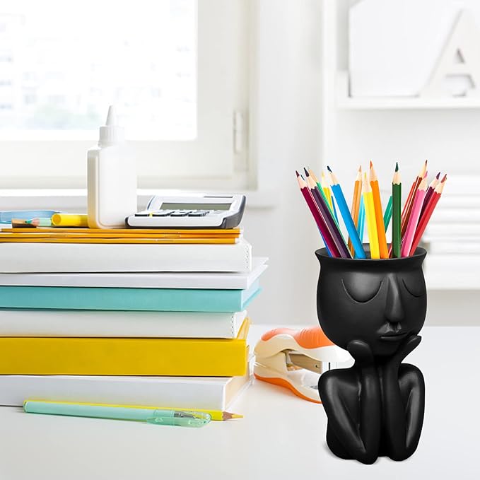 Simple and Creative Decorative Flower Pots, Resin Face Planter Pots, Vase for Small Succulent, Flower Pot Pencil Pen Holder, Minimalist Decorative, Modern Vases for Home Office Shelf Decor (Black)