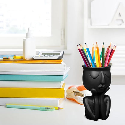 Simple and Creative Decorative Flower Pots, Resin Face Planter Pots, Vase for Small Succulent, Flower Pot Pencil Pen Holder, Minimalist Decorative, Modern Vases for Home Office Shelf Decor (Black)
