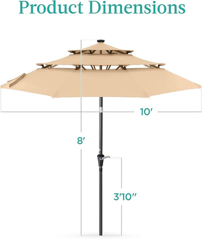 Best Choice Products 10ft 3-Tier Solar Patio Umbrella, Outdoor Market Sun Shade for Backyard, Deck, Poolside w/ 24 LED Lights, Tilt Adjustment, Easy Crank, 8 Ribs - Sand
