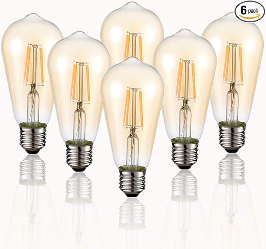 HESSION Vintage LED Edison Bulbs 4W ST58,Equivalent 60W,Dimmable,6 Pack E26 Base 400Lumens, 2700K Warm White, Antique LED Filament Bulb,85+ CRI, Edison Light Bulbs Amber Glass for Home, Bedroom