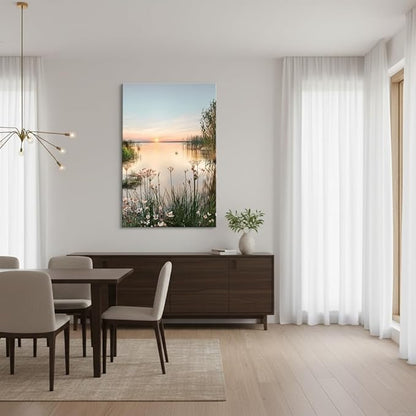 Lake Canvas Wall Art Picture: Sunset Landscape Painting Print Artwork Vertical Nature Scenery Decor for Living Room Bedroom