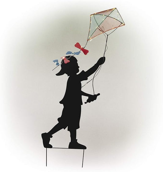 Alpine Corporation 41" Tall Outdoor Solar Powered Garden Stake Boy Silhouette Flying Kite with LED Lights