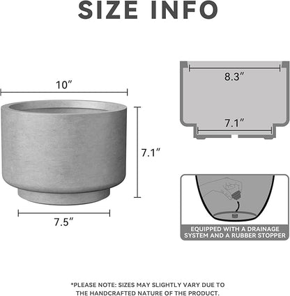 Kante 10 Inch Dia Concrete Planter, Round Pedestal Design Garden Pot for Indoor Outdoor Plants, Modern Flower Pot with Drainage Hole and Rubber Plug, Natural Concrete