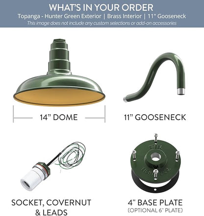 Steel Lighting Co. Topanga Barn Light | Outdoor Wall Mounted | 14 inch Dome | 11" Gooseneck | Farmhouse Garage Light Made in America | Hunter Green Exterior/Brass Interior