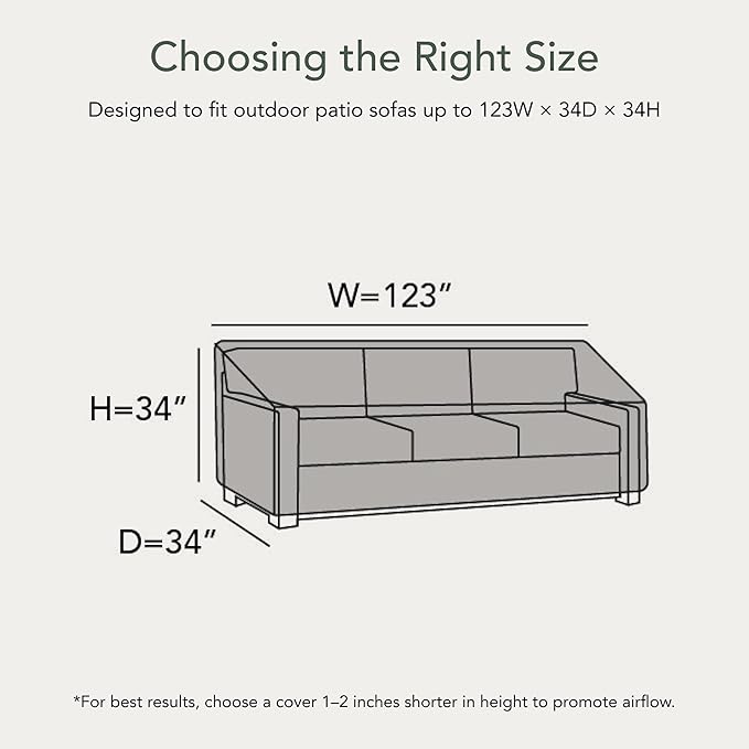Covermates Elite Outdoor Patio Sofa Cover – Water-Resistant 300D Polyester, Double-Stitched Seams, Elastic Hem, Auto-Locking Drawcord & Mesh Vent for Moderate Weather, 123W x 34D x 34H, Khaki