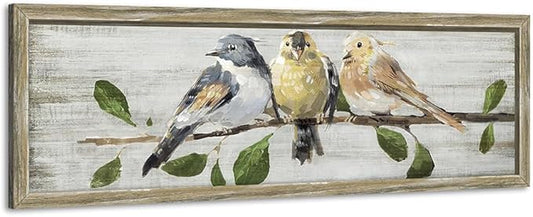 Rustic Bird Wooden Wall Art: Vintage Chickadee Framed Prints Abstract Cute Sparrow Picture Country Chubby Chickadee Painting Artwork Decor for Living Room Bedroom Farmhouse