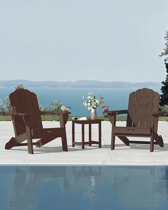 Adirondack Chair, HDPE Material Fire Pit Chairs, Plastic Adirondack Chairs with 2 Cup Holder, Outdoor Lawn Chair for Patio Garden, Brown
