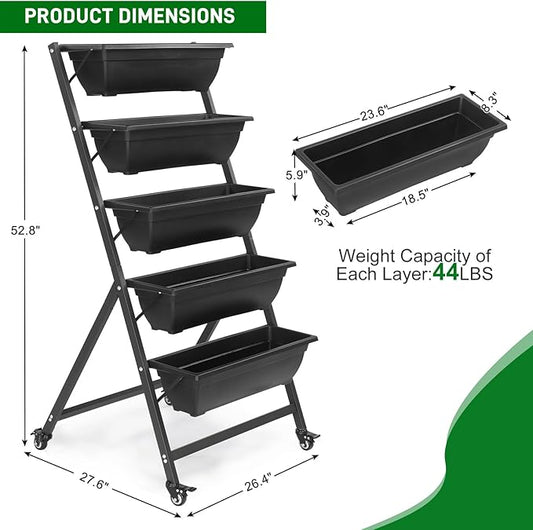 5 Tier Vertical Raised Garden Bed,Plastic & Metal Tiered Planter Stand,Foldable Indoor/Outdoor Plant Display Rack,Flower Planter Raised Stand,with Wheels,for Patio Lawn Porch Yard Balcony (Black)