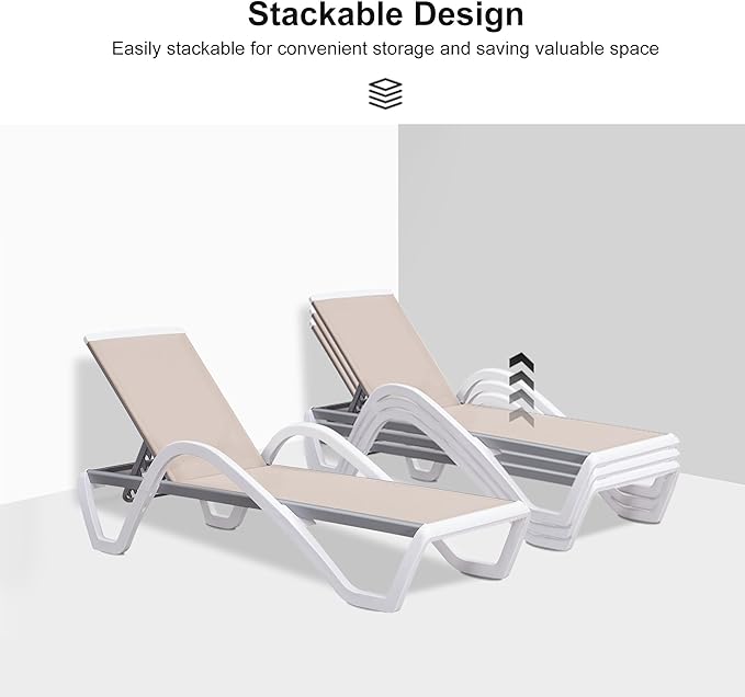 PURPLE LEAF Patio Chaise Lounge Chair with Armrests Outside Aluminum Plastic Stackable Tanning Chairs for Pool Sunbathing Beach Deck Outdoor Lounger, Beige