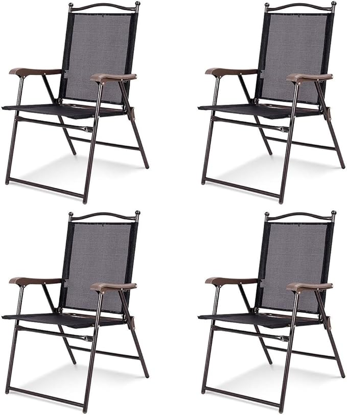 Tangkula Set of 4 Patio Folding Dining Chairs, Outdoor Sling Lawn Chairs with Armrests, Steel Frame, Portable Camping Lounge Chairs for Backyard, Deck, Poolside and Garden, No Assembly (2, Black)