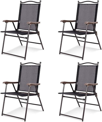 Tangkula Set of 4 Patio Folding Dining Chairs, Outdoor Sling Lawn Chairs with Armrests, Steel Frame, Portable Camping Lounge Chairs for Backyard, Deck, Poolside and Garden, No Assembly (2, Black)