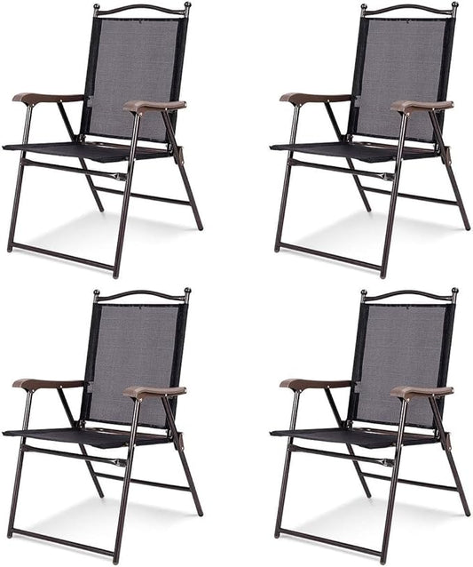 Tangkula Set of 4 Patio Folding Dining Chairs, Outdoor Sling Lawn Chairs with Armrests, Steel Frame, Portable Camping Lounge Chairs for Backyard, Deck, Poolside and Garden, No Assembly (2, Black)