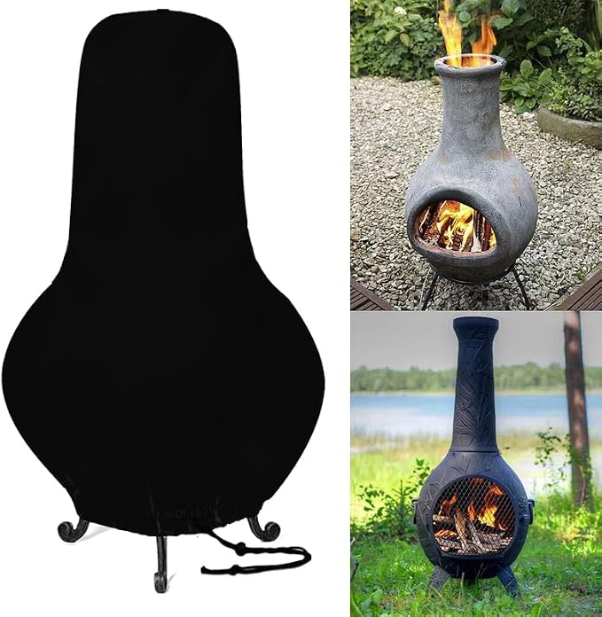 LARGE SIZE Outdoor Chimney Protective Cover Patio Furniture Covers, Patio Chiminea Caps, Protective Chiminea Covers, Weather Resistant Fire Pit Heater Cover (Black, 59x31x12inch)