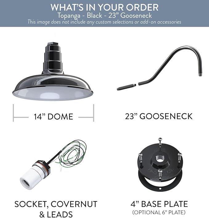 Steel Lighting Co. Topanga Barn Light | Outdoor Wall Mounted | Farmhouse Garage Light Made in America | 14 inch Dome | 23 inch Gooseneck | Black Exterior/White Interior
