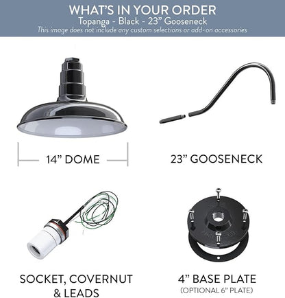 Steel Lighting Co. Topanga Barn Light | Outdoor Wall Mounted | Farmhouse Garage Light Made in America | 14 inch Dome | 23 inch Gooseneck | Black Exterior/White Interior