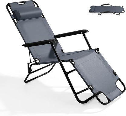 Outvita Folding Chaise Lounge Chair, Outdoor Adjustable Recliner Chair with Pillow for Camping, Beach, Poolside, Garden, Backyard, Lawn