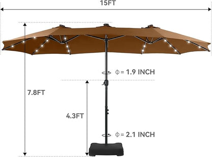 GREEN PARTY 15 ft Rectangle Patio Umbrella with Solar Lights and Base Included, Double-Sided Market Table Umbrella with Crank, Large Outdoor Umbrellas for Patio Poolside Garden Backyard, Tawny