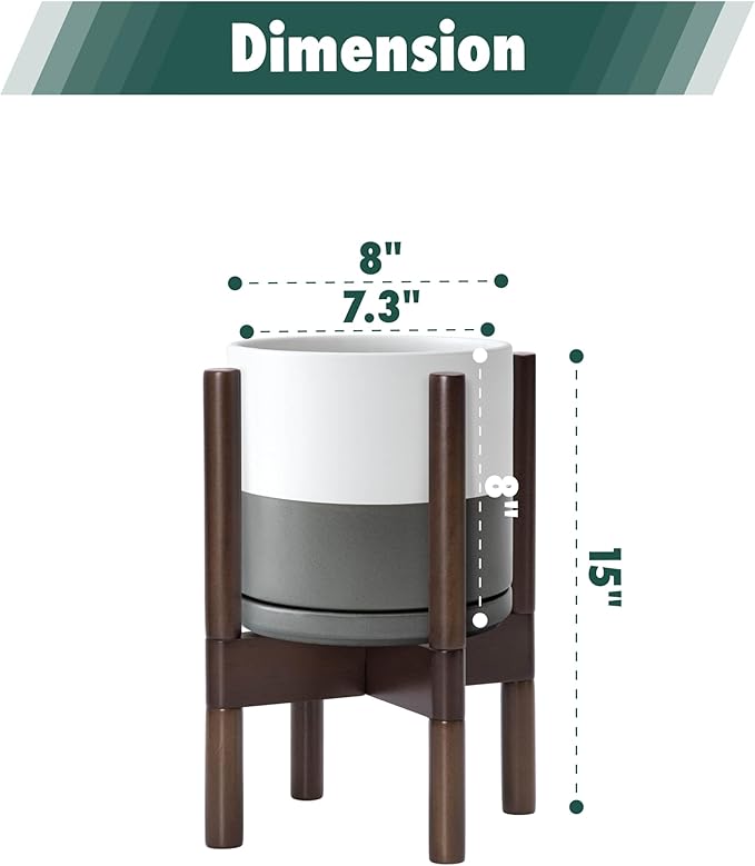 D'vine Dev Ceramic Planter with Walnut Color Stand - 8 Inch Modern Round Flower Pot with Wood Planter Holder, White/Grey, 55-B-Y-6