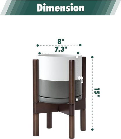 D'vine Dev Ceramic Planter with Walnut Color Stand - 8 Inch Modern Round Flower Pot with Wood Planter Holder, White/Grey, 55-B-Y-6
