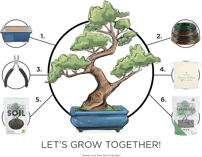 Leaves and Soul Bonsai Kit – Blue Ceramic Pot Set with Soil Mix, 160ft Training Wire, Cutter, Fertilizer & Storage Bag | Complete Beginner Bonsai Starter Set
