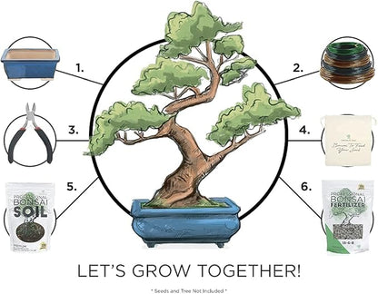Leaves and Soul Complete Bonsai Kit – Green Oval Ceramic Pot with Soil, Fertilizer, 160ft Training Wire, Cutter & Storage Bag | DIY Bonsai Repotting Starter Kit for Tree Growing