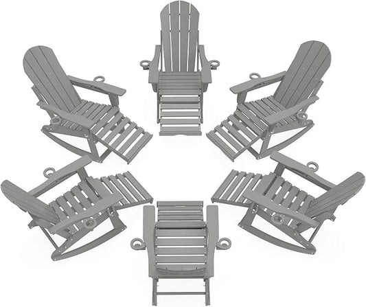 Adirondack Rocking Chairs Set of 6 with Retractable Ottoman, All Weather Folding Adirondack Chair with Two Cup Holders, Adirondack Outdoor Rocking Chairs for Porch, Patio, Balcony. White Grey