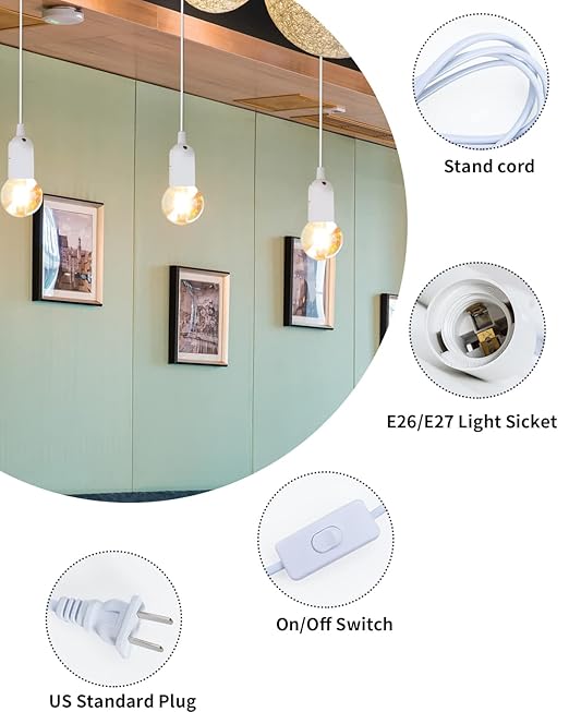 HESSION Pendant Light Cord, Hanging Light Cord, Plug in Light fixtures, 5.9ft DIY Latern Light Cord with an E26 Light Socket, Featuring an On/Off Switch(Bulb Not Included).