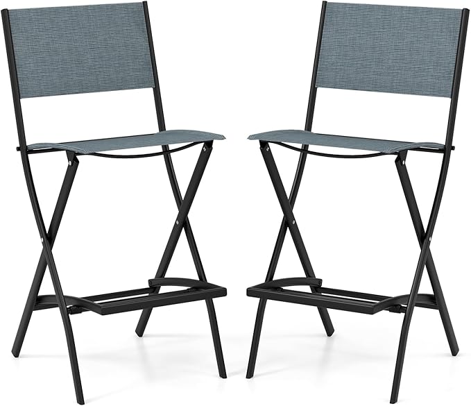 COSTWAY Outdoor Patio Bar Chair Set of 2, Folding Bar Height Stool with Metal Frame & Footrest, Patio Bar Stool for Balcony, Garden & Poolside (2, Blue)