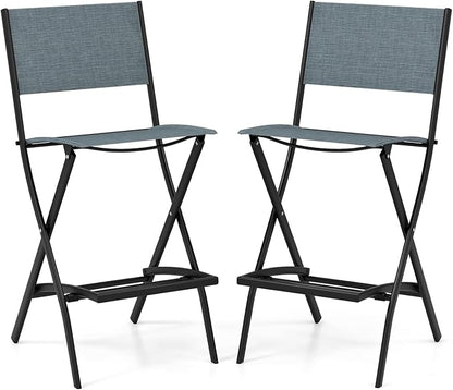 COSTWAY Outdoor Patio Bar Chair Set of 2, Folding Bar Height Stool with Metal Frame & Footrest, Patio Bar Stool for Balcony, Garden & Poolside (2, Blue)