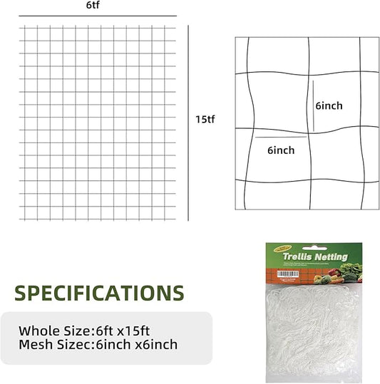Heavy Duty Garden Trellis Netting, 6 x 15 ft, White, Rectangular, Polyester Nylon, Climbing Plant Support Netting, Garden