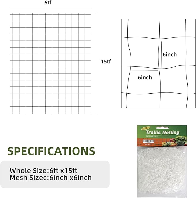 Trellis Netting, PDGROW Heavy Duty Garden Trellis Netting, 6 x 15 ft Trellis Netting for Climbing Plants, Outdoor Indoor Grow Net for Support Vine Vegetable Fruits and Flower, 4 Pack（Put in One Pack）