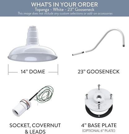 Steel Lighting Co. Topanga Barn Light | Outdoor Wall Mounted | Farmhouse Garage Light Made in America | 14 inch Dome | 23 inch Gooseneck | White Exterior/White Interior