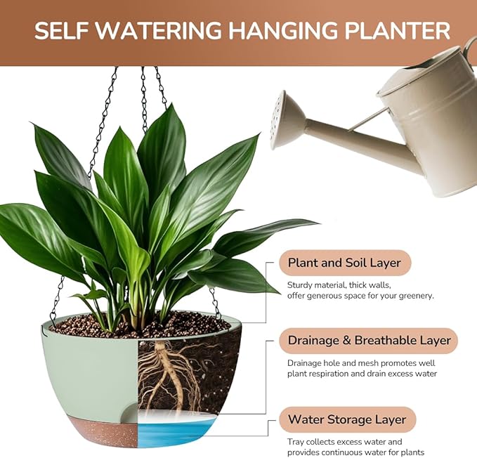 12 Inch Hanging Baskets for Plants Outdoor, Hanging Planters for Indoor Outdoor Plants, Hanging Planter with Self Watering, Hanging Flower Pots (Green)