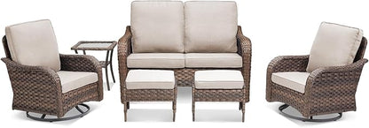 Wicker Patio Furniture Set, 6 Pieces Outdoor Wicker Sofa with Swivel Patio Chairs, Glass Side Table, Ottomans, All Weather High Back Rattan Loveseat Couch with Comfy Cushions, Brown/Beige