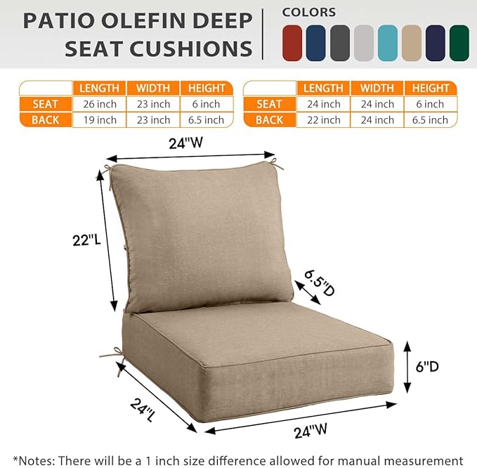 Sundale Outdoor Olefin Deep Seat Cushion, Patio Chair Cushion and Pillow, Water-Resistant Sectional Sofa Pad with Straps Khaki, 24 x 24 x 6 Inches