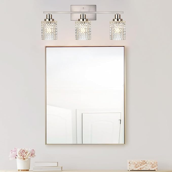 MELUCEE 3 Lights Bathroom Light Fixtures Brushed Nickel Modern Vanity Lights Indoor Wall Mounted Light with Hammered Glass Shade Suitable for Bathroom Living Room Hallway