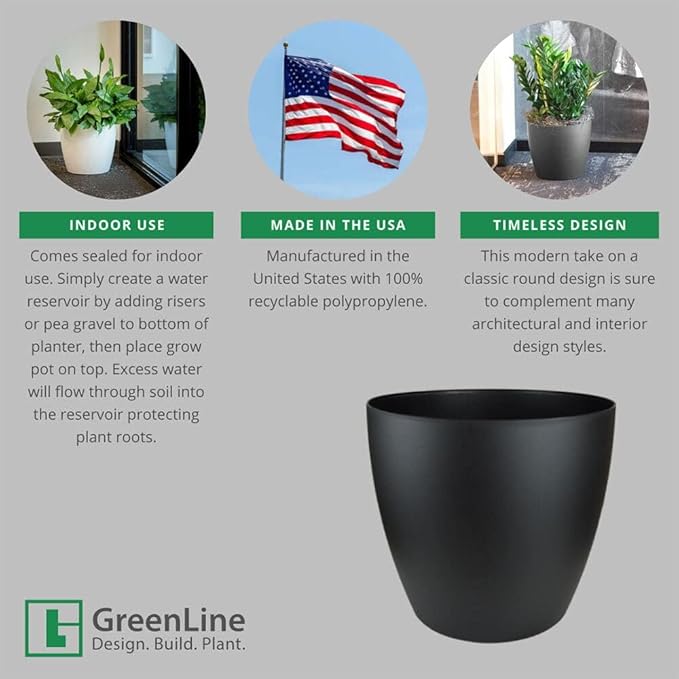 Memphis 13" Round Indoor Floor Planter Pot – Lightweight & Durable Plastic, Modern Design, Made in USA, Recyclable Large Plant Container for Home & Office Décor (Charcoal Meta