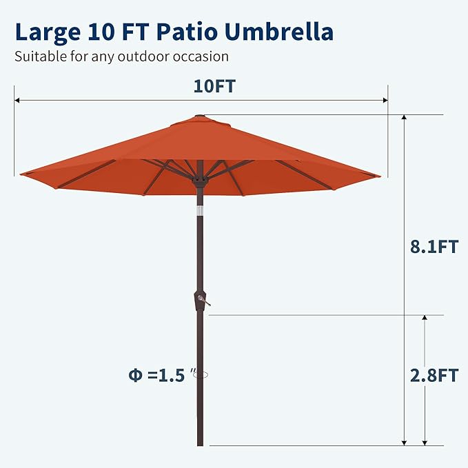 PatioKingdom 10FT Patio Umbrella with Push Button Tilt and Crank, Outdoor Market Umbrella with 8 Fiberglass Ribs, UV Protection Table Umbrella for Pool,Backyard,Garden,Deck(Orange, 10FT)