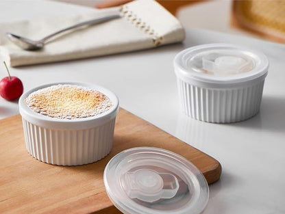 ONEMORE 8 oz Ramekins with Lids, Set of 6 Stackable Ceramic Creme Brulee Souffle Dishes, Oven Safe Pudding Cups with Silicone Covers for Baking, White