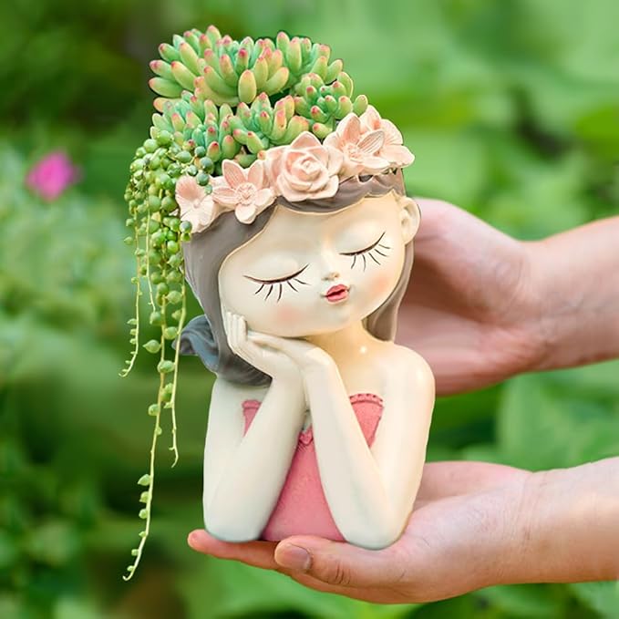 Fairy Girl face planters, Cute Succulent pots for Indoor and Outdoor Plants,Resin Head Planter Pots with Drainage Hole(Medium-Listening)