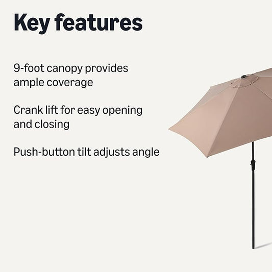 Amazon Basics Patio Umbrella, Crank Lift and Push Button Tilt, 9 Foot, Tan